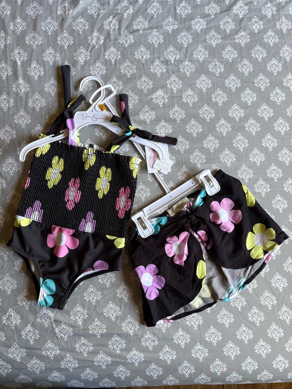 Girls' Black Floral One-Piece Swimsuit and Shorts Set - Pink & Yellow Flowers